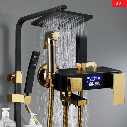 【Ships From:Ru】Bathroom Shower System Black Gold Handheld Shower Set Smart Thermostatic Digital Display Black Shower Head