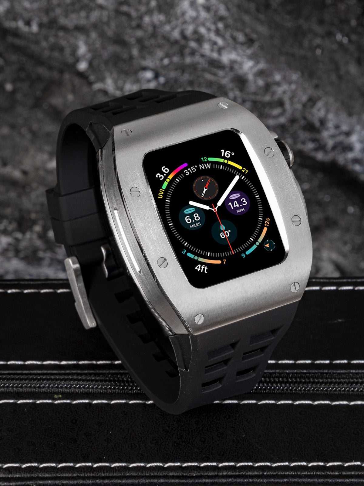 Apple Watch Case for Series 7/8/9 (45mm), 0012 Silver Case with Black Strap