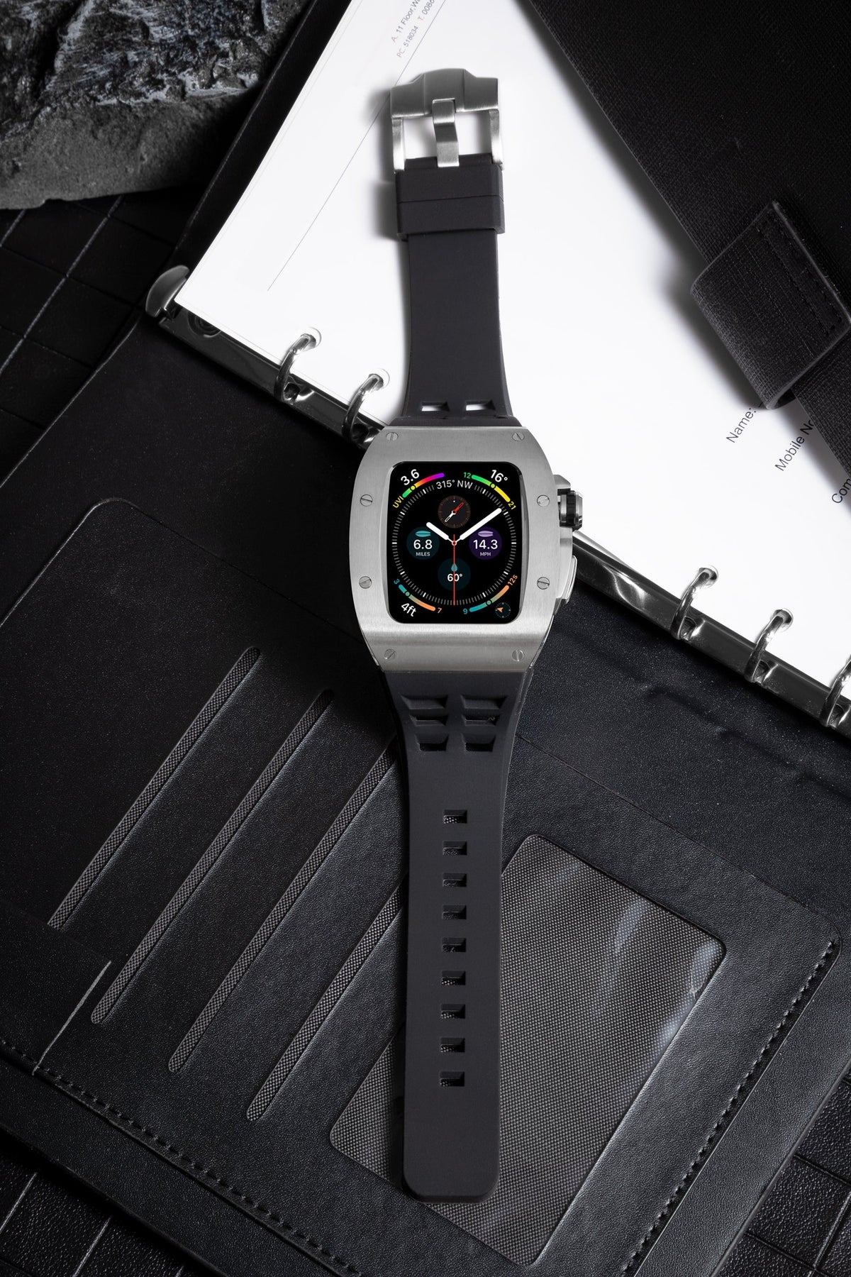 Apple Watch Case for Series 7/8/9 (45mm), 0012 Silver Case with Black Strap
