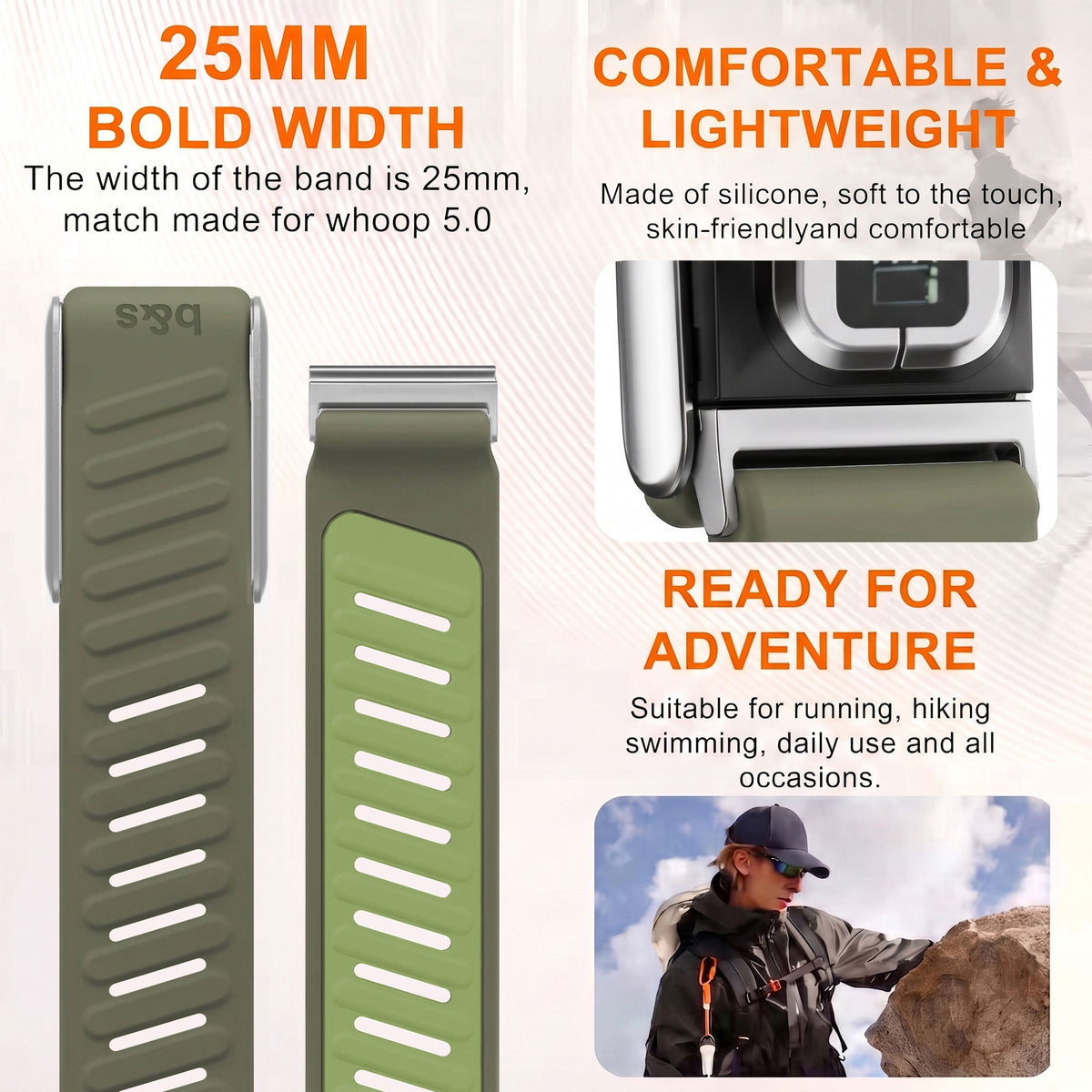 b&s Silicone Strap for Whoop 5.0 Peak, S Steel Glossy Silver Clasp
