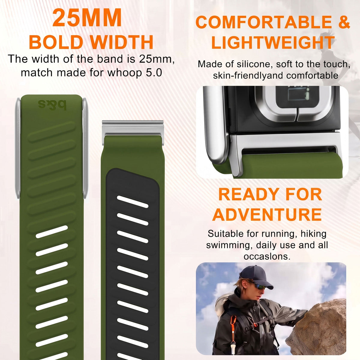 b&s Silicone Strap for Whoop 5.0 Peak, Army Green & Black with S Steel Brushed Silver Clasp