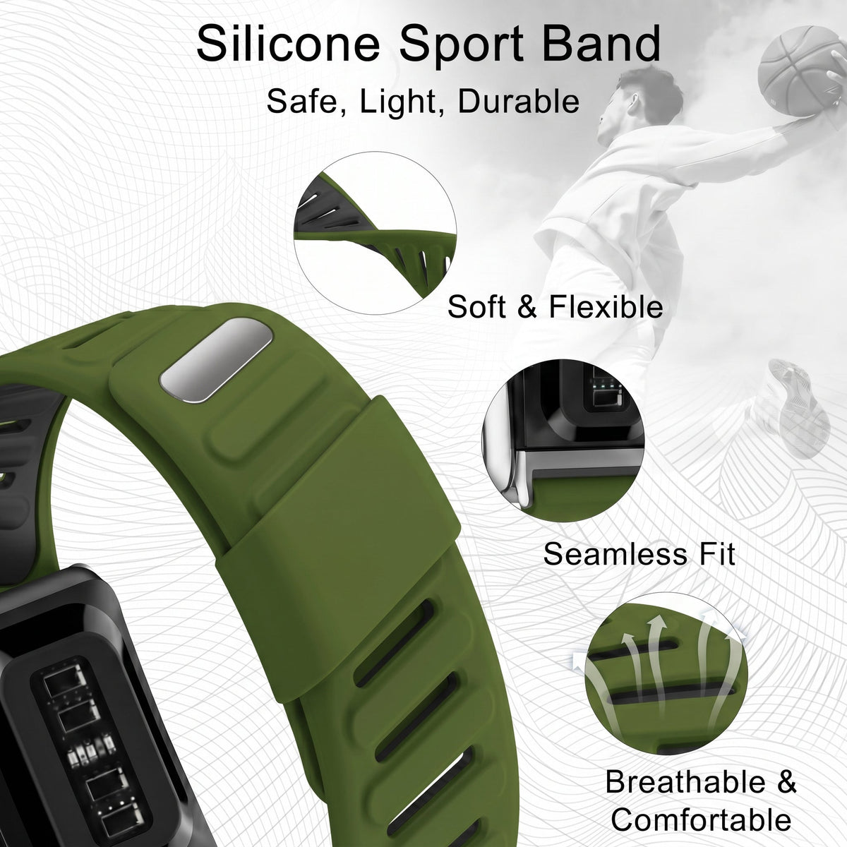 b&s Silicone Strap for Whoop 5.0 Peak, S Steel Glossy Silver Clasp