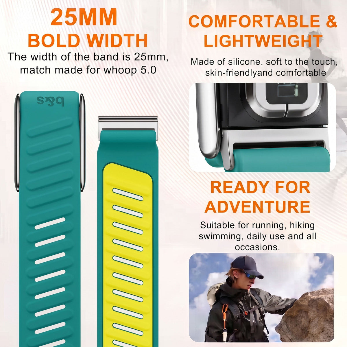 b&s Silicone Strap for Whoop 5.0 Peak, S Steel Glossy Silver Clasp