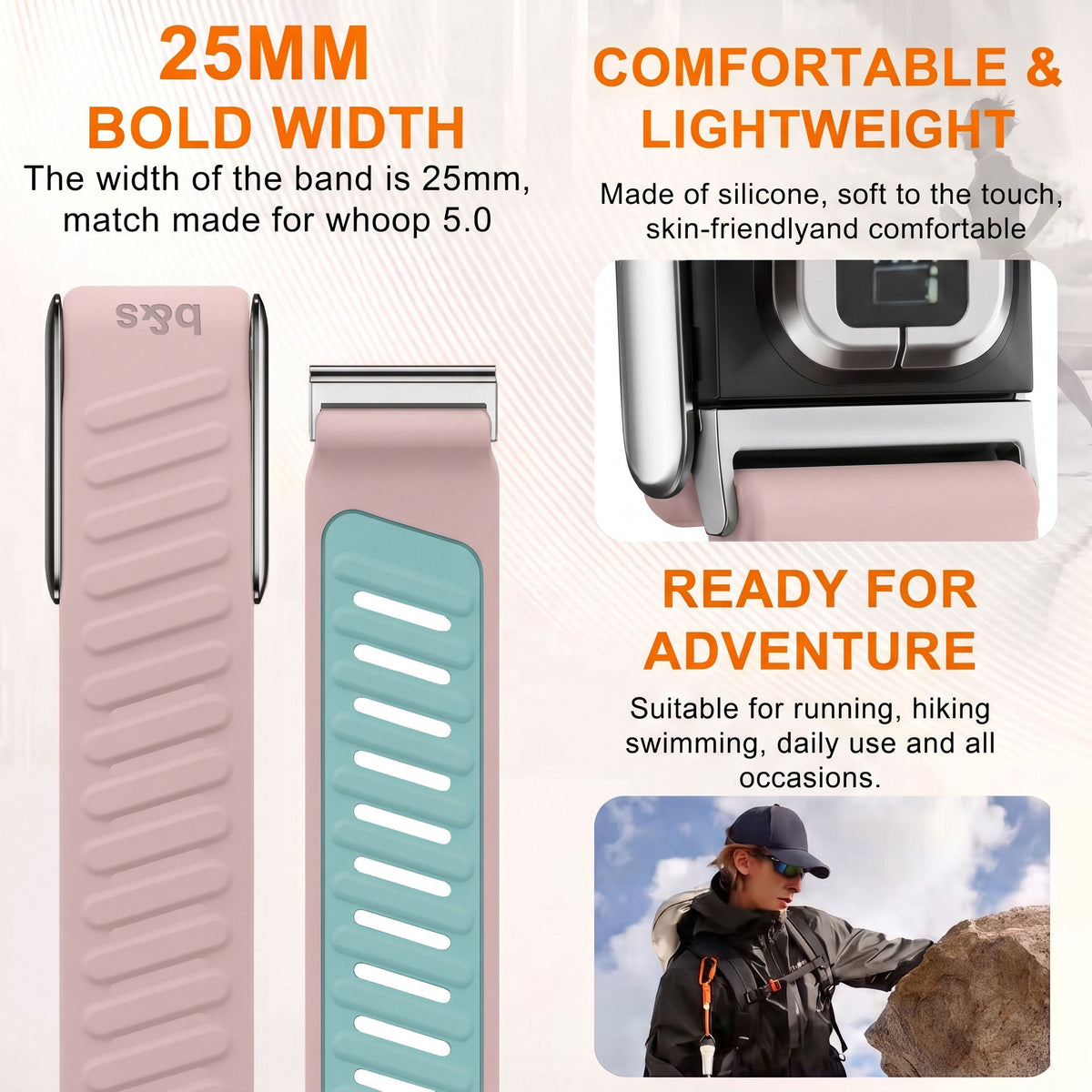 b&s Silicone Strap for Whoop 5.0 Peak, S Steel Glossy Silver Clasp
