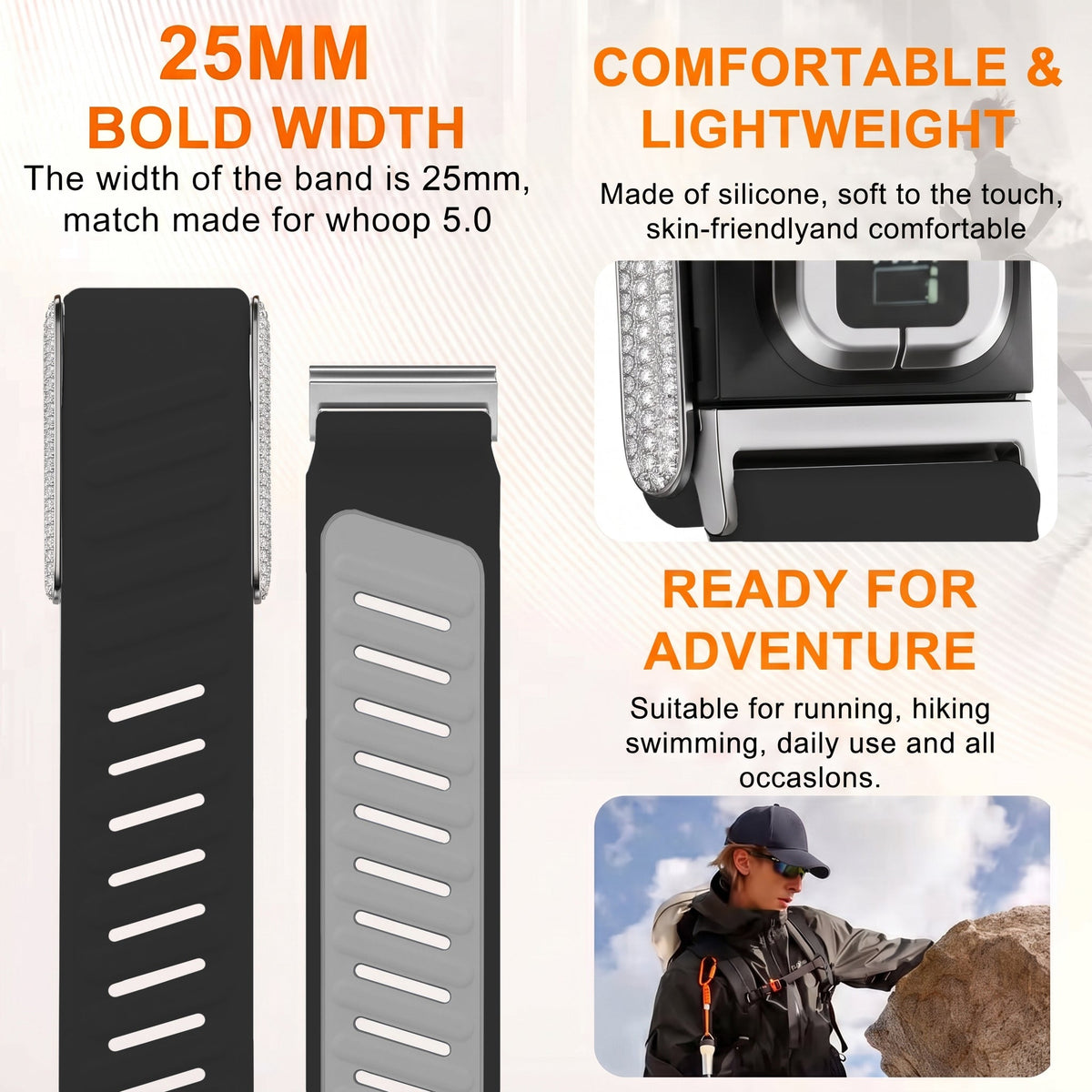 b&s Silicon Strap for Whoop 5.0 Peak with Stainless Steel White Crystals Clasp (Copy)