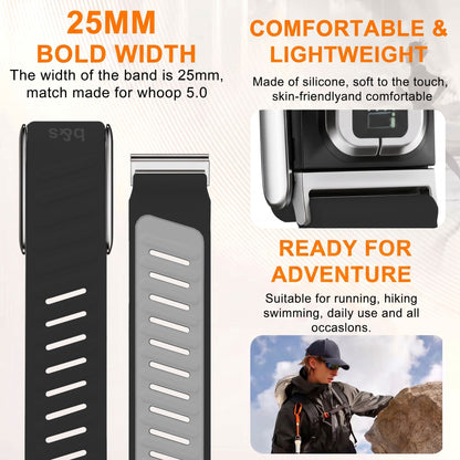 b&s Silicone Strap for Whoop 5.0 Peak, S Steel Glossy Silver Clasp