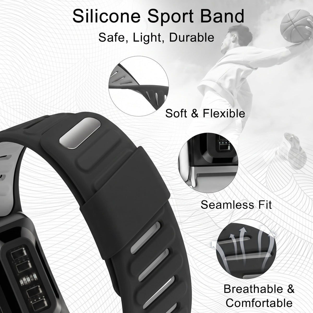 b&s Silicone Strap for Whoop 5.0 Peak, S Steel Glossy Silver Clasp
