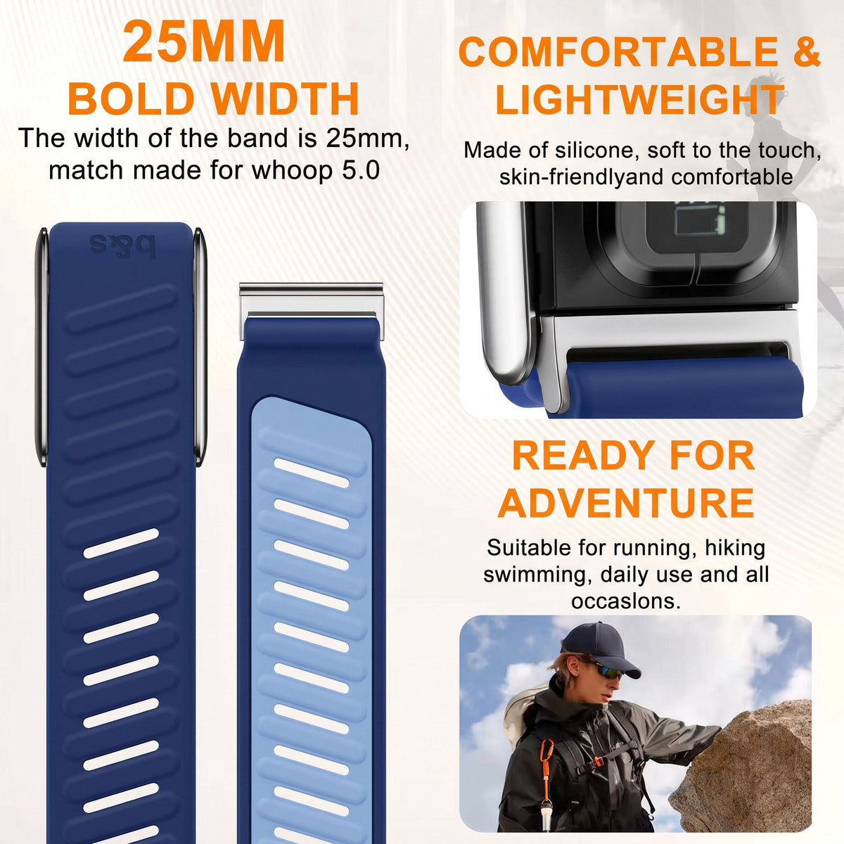 b&s Silicone Strap for Whoop 5.0 Peak, S Steel Glossy Silver Clasp