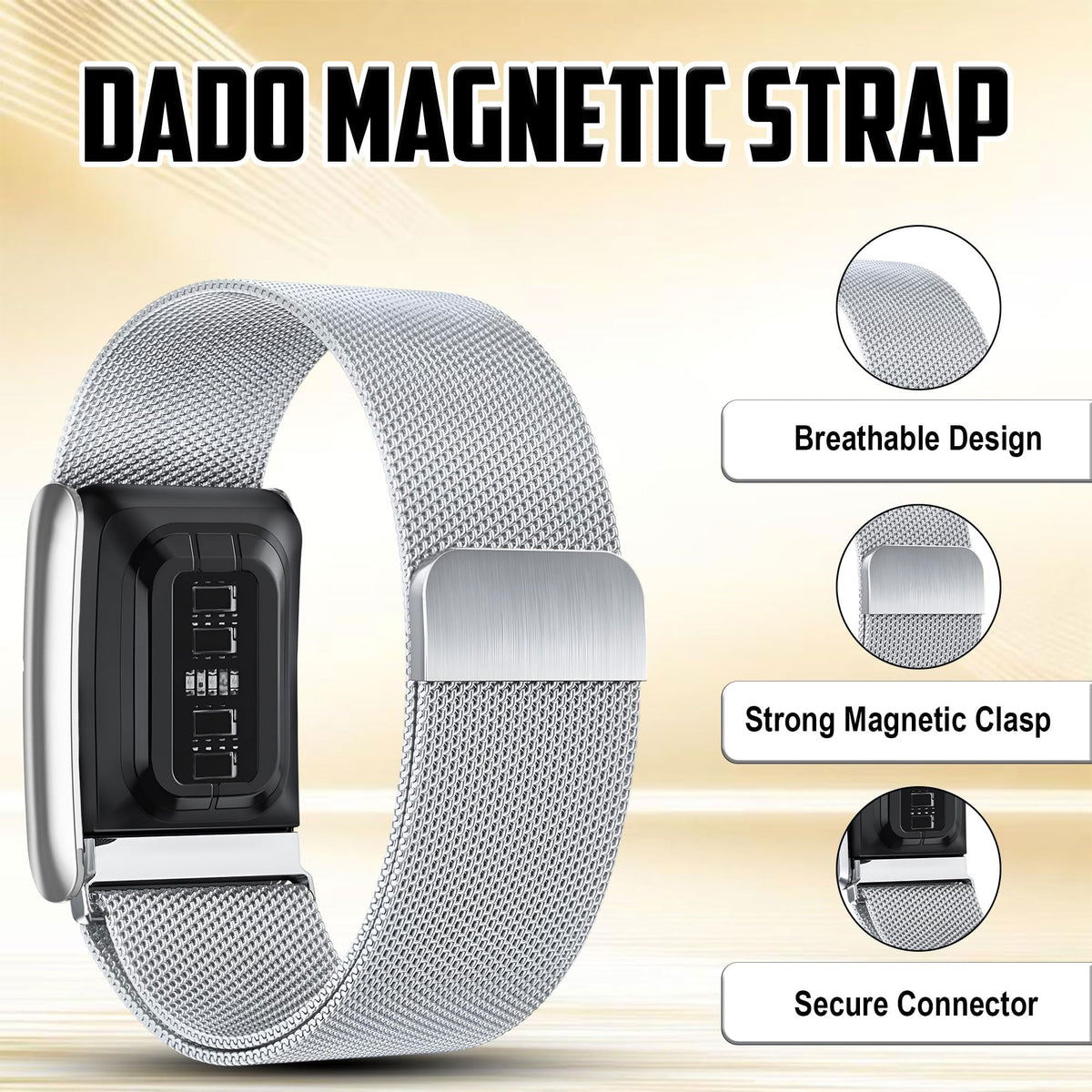 b&s Milanese S Steel Strap for Whoop 5.0 Peak, Silver with S Steel Brushed Silver Clasp