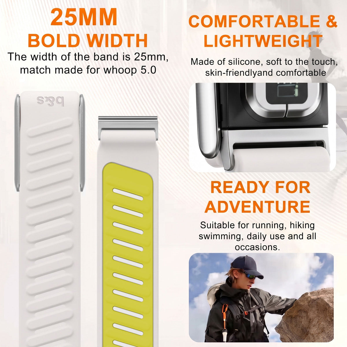 b&s Silicone Strap for Whoop 5.0 Peak, S Steel Glossy Silver Clasp
