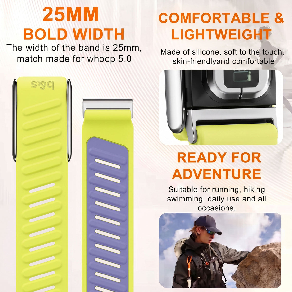 b&s Silicone Strap for Whoop 5.0 Peak, S Steel Glossy Silver Clasp